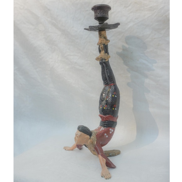 vtg 50s cast iron chinese painted candle holder